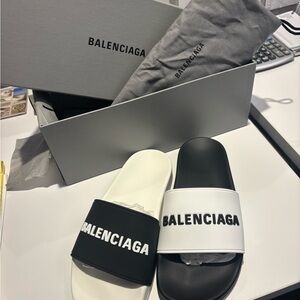 Balenciaga White and Black Pool Slides